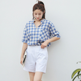 韩国东大门夏季短袖格子衬衣韩版小清新纯棉宽松显瘦蓝白格衬衫女