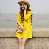 韩国2016夏季新款韩版宽松显瘦高腰中长款纯棉黄色七分袖连衣裙女