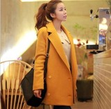 2014冬季女装韩国代购宽松羊绒大衣中长款翻领长袖毛呢外套大码女