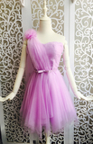 紫色礼服连衣裙短款网纱单肩蓬蓬小晚礼服　伴娘服紫罗兰绑带款