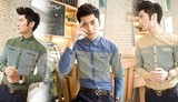 2015新款韩版男装衬衣 条纹拼接中长款修身纯棉休闲长袖衬衫