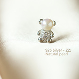 天然珍珠小熊 925纯银耳钉 可爱甜美 精致镶锆 韩国 女 礼物 银饰