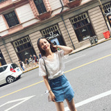2016夏季新款女装韩版甜美宽松显瘦透视V领短袖蕾丝衫上衣女短款