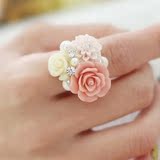 日韩潮人韩国韩版饰品 甜美珍珠水钻花朵戒指 女指环食指夸张可爱
