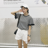 夏季韩版女装新款荷叶边袖百搭文艺条纹短袖T恤打底衫潮上衣薄款