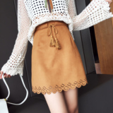 2016夏装新款韩版高腰系带A字麂皮绒显瘦镂空波纹半身裙短裙H8