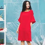 安妮陈原创设计红颜 2016夏季新款纯色文艺五分袖圆领套头连衣裙