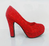 蕾丝新款结婚红鞋子防水台超高跟粗跟新娘鞋敬酒红色礼服鞋子婚鞋