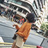 韩版宽松长袖简约纯色空调针织衫前短后长防晒衫女装韩国秋季黄色