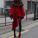 韩国早秋新品潮流时尚名媛不规则红色斗篷毛呢外套呢子大衣 外套