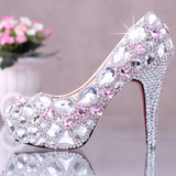 粉色水晶鞋高跟新娘防水台浅口水钻婚鞋拍婚纱照鞋圆头礼服女单鞋