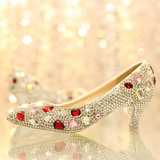 红粉水晶鞋新娘拍婚纱照中跟鞋浅口细跟礼服鞋水晶钻婚鞋单鞋女鞋