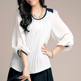 EDD28723韩版拼色褶皱七分袖雪纺衬衫宽松大码女装显瘦白色上衣夏