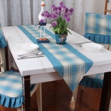 【吾家】桌旗双层蓝色地中海田园棉麻格子有餐垫桌布套装搭配椅垫