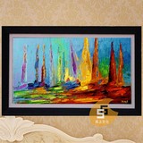 手绘油画抽象风景沙发背景墙挂画装饰画日出日落《海景帆船002》
