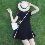 【GG】韩版女夏短袖收腰学院风织棉连衣裙黑色高腰中长A字学生裙
