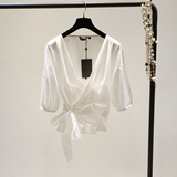 欧美时尚大牌简洁V领系带半袖白衬衫打结灯笼袖衬衫宽松上衣女潮