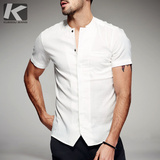 [包邮]Kuegou 夏季新款 欧美个性圆领短袖衬衣 男白色衬衫潮1370