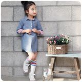 2016童装春季新款女童韩版长袖衬衫打底翻领纯色牛仔衬衫163040