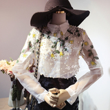 韩国首尔站2016春季新款小女人甜美珍珠刺绣小花朵图案欧根纱衬衫