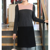2015春装新款女装韩版羊毛呢子直筒长袖连衣裙三色拼接大码OL通勤