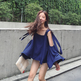 Acupstudio夏季韩国新款女装超仙露肩棉麻吊带上衣喇叭袖飘带衬衫