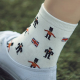 韩版国旗系列袜子女士纯棉中筒袜个性文艺潮流小人图案夏季短袜子