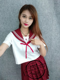 jk制服夏 正统 水手服套装 学院风赤色三本线上衣刺绣新款短袖裙
