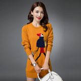 2016秋装女装毛衣圆领羊绒衫女套头印花 韩版中长款修身羊毛衫