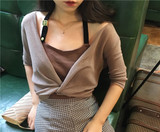 夏装韩版新款学院风百搭学生女装单件五分袖针织 单排扣V领外套潮