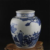 清代手工瓷青花人物山水纹罐子 做旧高仿古瓷器 古玩古董收藏摆件