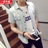 夏季韩版潮流短袖牛仔衬衫修身男装外套衬衣服学生男上衣日系青年