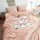 猫咪刺绣水洗棉四件套粉色卡通可爱全棉床笠床单款森女系床上用品