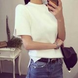 2016春夏季韩版新款开叉短袖针织衫女宽松套头半袖针织T恤打底衫