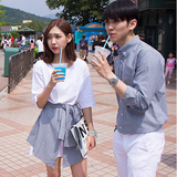韩版情侣装夏女装欧美假两件连衣裙个性短裙男防晒长袖衬衫海边潮