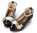 精品女童鞋2016韩版新款珍珠带钻小高跟单鞋漆皮中大童学生公主鞋