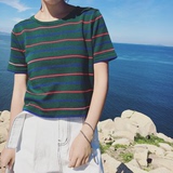 夏装韩国复古条纹短款针织衫上衣女百搭显瘦简约修身圆领短袖T恤
