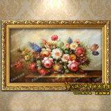 欧式手绘餐客厅玄关富贵油画古典牡丹花卉横版简约挂画工装饰H08