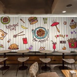 3D立体木纹手绘涂鸦美食美式餐厅大型壁画早餐店小吃店墙纸壁纸