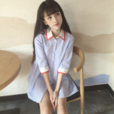 2016夏季新款韩版条纹撞色polo领衬衫裙宽松显瘦中袖连衣裙女学生