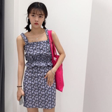 夏装韩版新款学院风百搭学生女装高腰印花半身裙吊带背心时尚套装