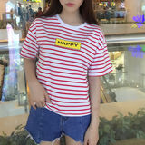 韩版2016夏季学院风拼色细横条纹T恤女happy字母印花纯棉短袖上衣