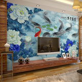 大型壁画 电视背景墙纸 客厅沙发壁纸 国画牡丹 富贵有余 九鱼图