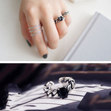 日韩国S925纯银黑玛瑙链条开口食指戒指女复古泰银欧美饰品潮人