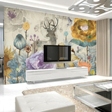 3D北欧大型壁画 墙纸壁纸 电视背景墙 田园客厅卧室墙画 麋鹿花卉