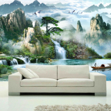 大型3d风景电视背景墙纸壁画无缝墙布客厅中式山水画流水生财