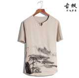 夏季中国民族风泼墨印花短袖亚麻T恤男中式复古棉麻男装上衣大码