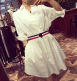 通勤OL衬衫式白色连衣裙女夏季2016新款个性腰带收腰女装中裙子