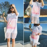 韩版夏季女装新款百褶网纱裙摆拼接卡通印花中长款短袖T恤连衣裙