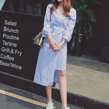 韩国夏季不规则蓝色条纹清新系带显瘦性感中长款衬衫连衣裙长裙女